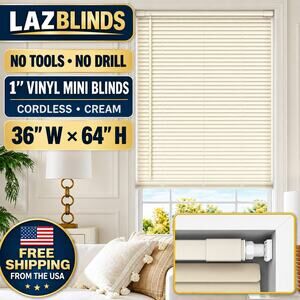 36" W X 64" H LazBlinds No Tools No Drill 1" Vinyl Mini Blinds, Cordless, Cream